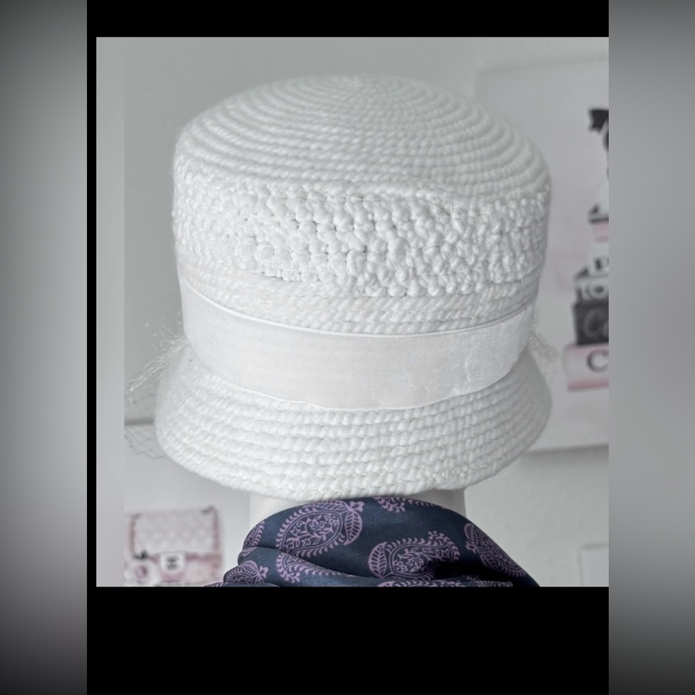 Everitt Vintage Wool Bucket Hat Cloche Bow Fishnet Face Veil Cream White 6.75” - Picture 4 of 9